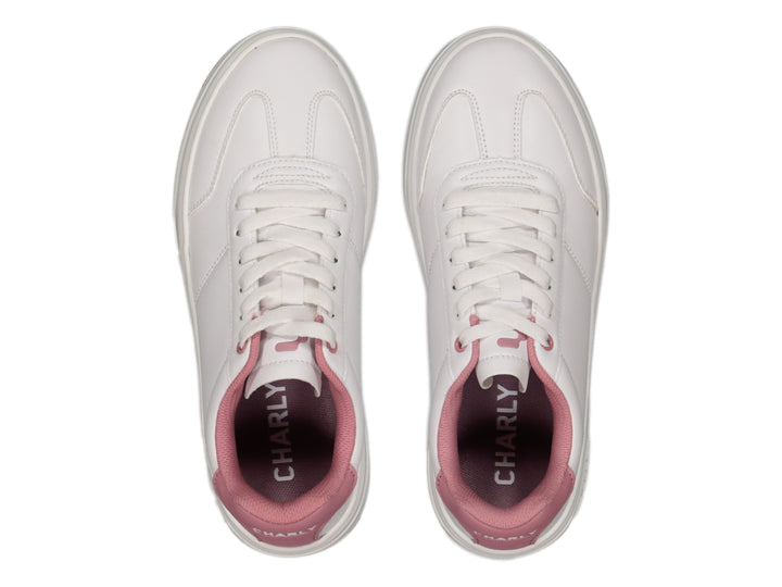 Tenis Charly blancos con detalles en rosa y suela color café, estilo casual deportivo.
