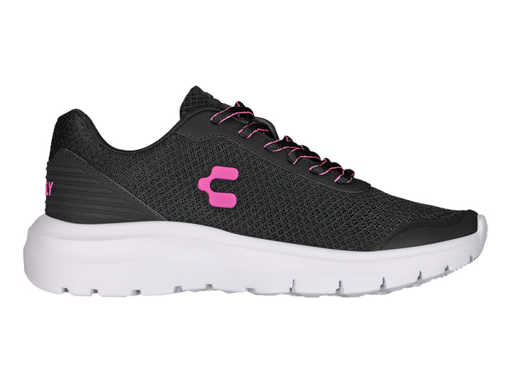 Tenis deportivos Charly color negro con suela blanca y detalles en rosa.