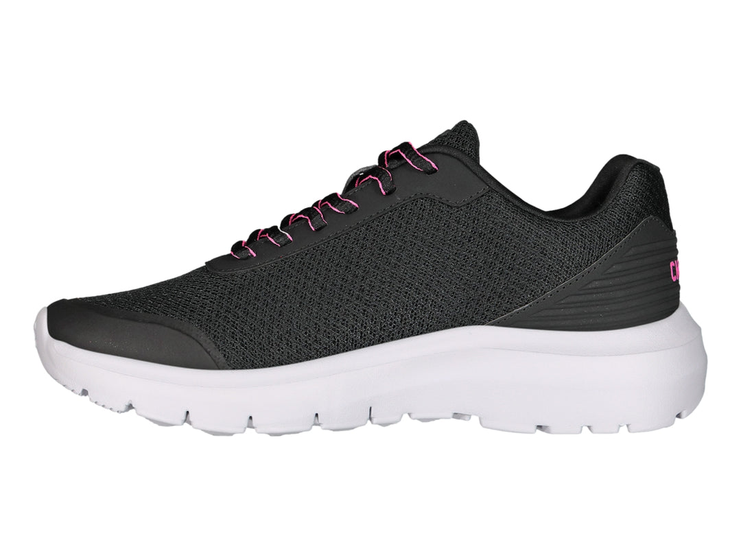 Tenis deportivos Charly color negro con suela blanca y detalles en rosa.