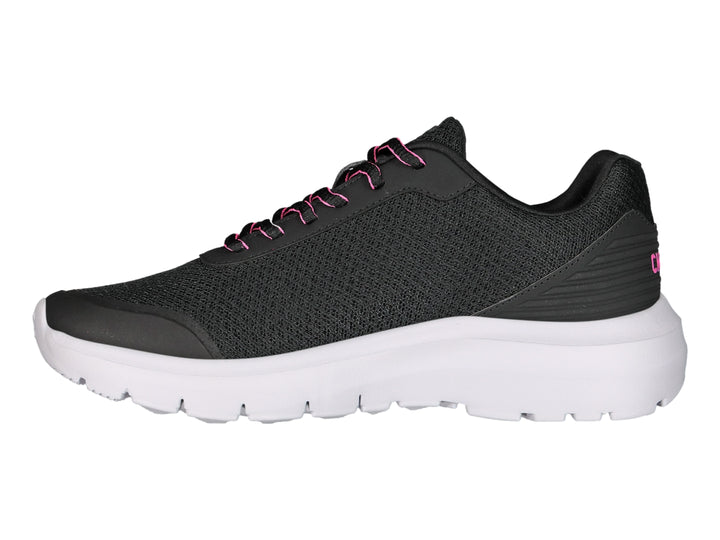 Tenis deportivos Charly color negro con suela blanca y detalles en rosa.