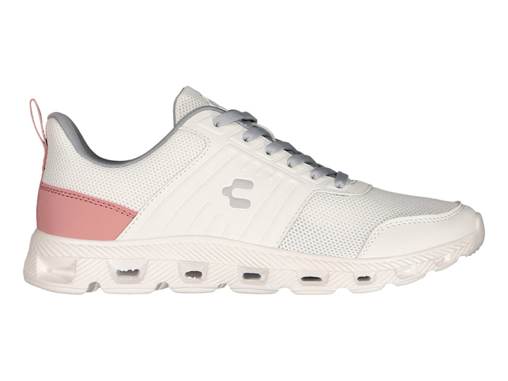 Tenis deportivos Charly color blanco con detalles en gris y rosa y suela blanca.