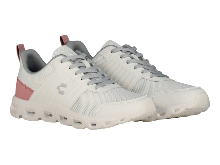 Tenis deportivos Charly color blanco con detalles en gris y rosa y suela blanca.