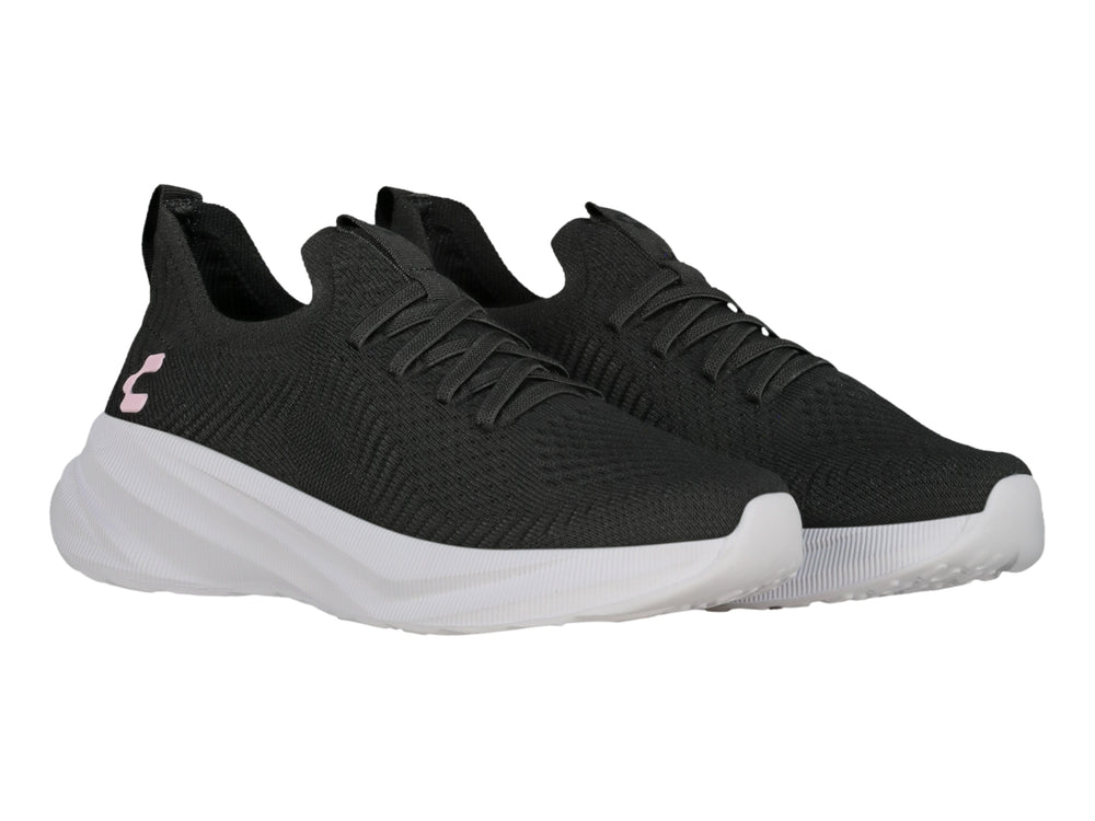 Tenis deportivos Charly color negro con suela blanca y detalle rosa en el lateral.