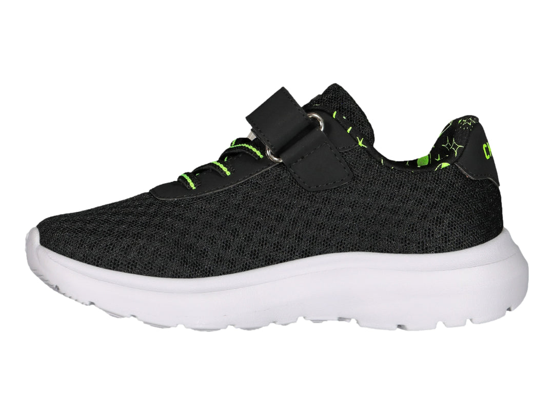 Tenis deportivos Charly color negro con suela blanca y detalles en verde lima, con cierre de velcro.