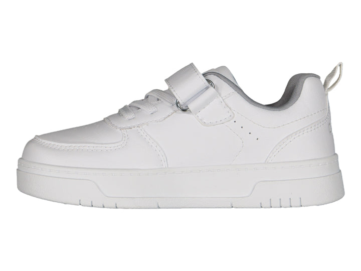 Tenis blancos Charly con cierre de velcro y agujetas, suela blanca y detalle gris en el cuello.