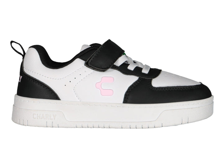 Tenis Charly blanco y negro con correa de velcro y suela blanca.