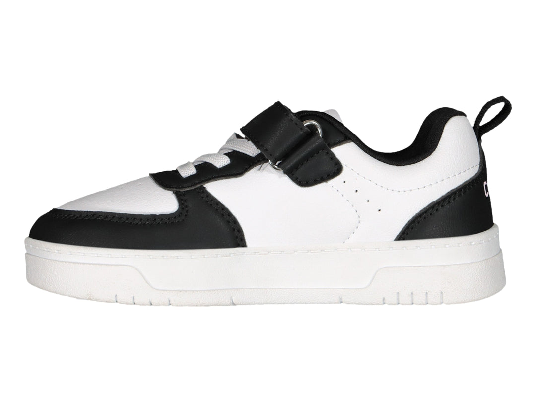 Tenis Charly blanco y negro con correa de velcro y suela blanca.