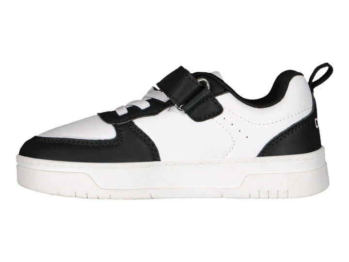 Tenis Charly blanco y negro con correa de velcro y suela blanca.