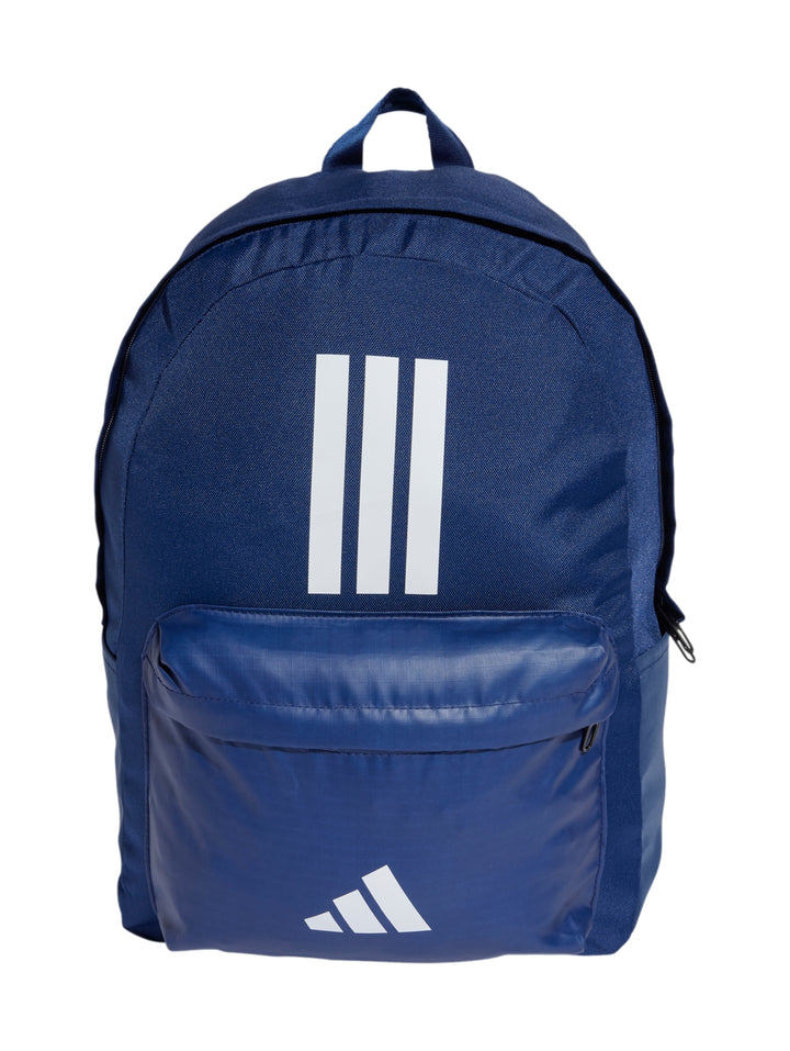Mochila Adidas clásica color azul oscuro con rayas y logo blanco.