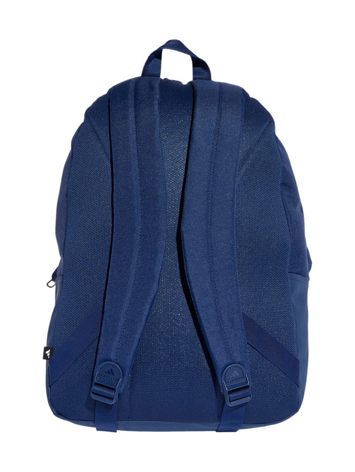 Mochila Adidas clásica color azul oscuro con rayas y logo blanco.