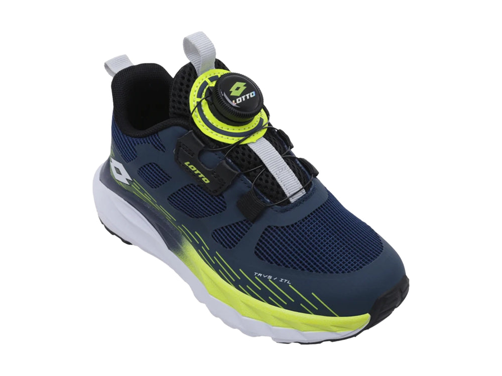 Tenis deportivos LOTTO color azul marino con detalles en verde lima y suela blanca.