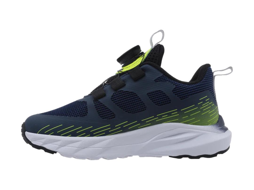 Tenis deportivos LOTTO color azul marino con detalles en verde lima y suela blanca.