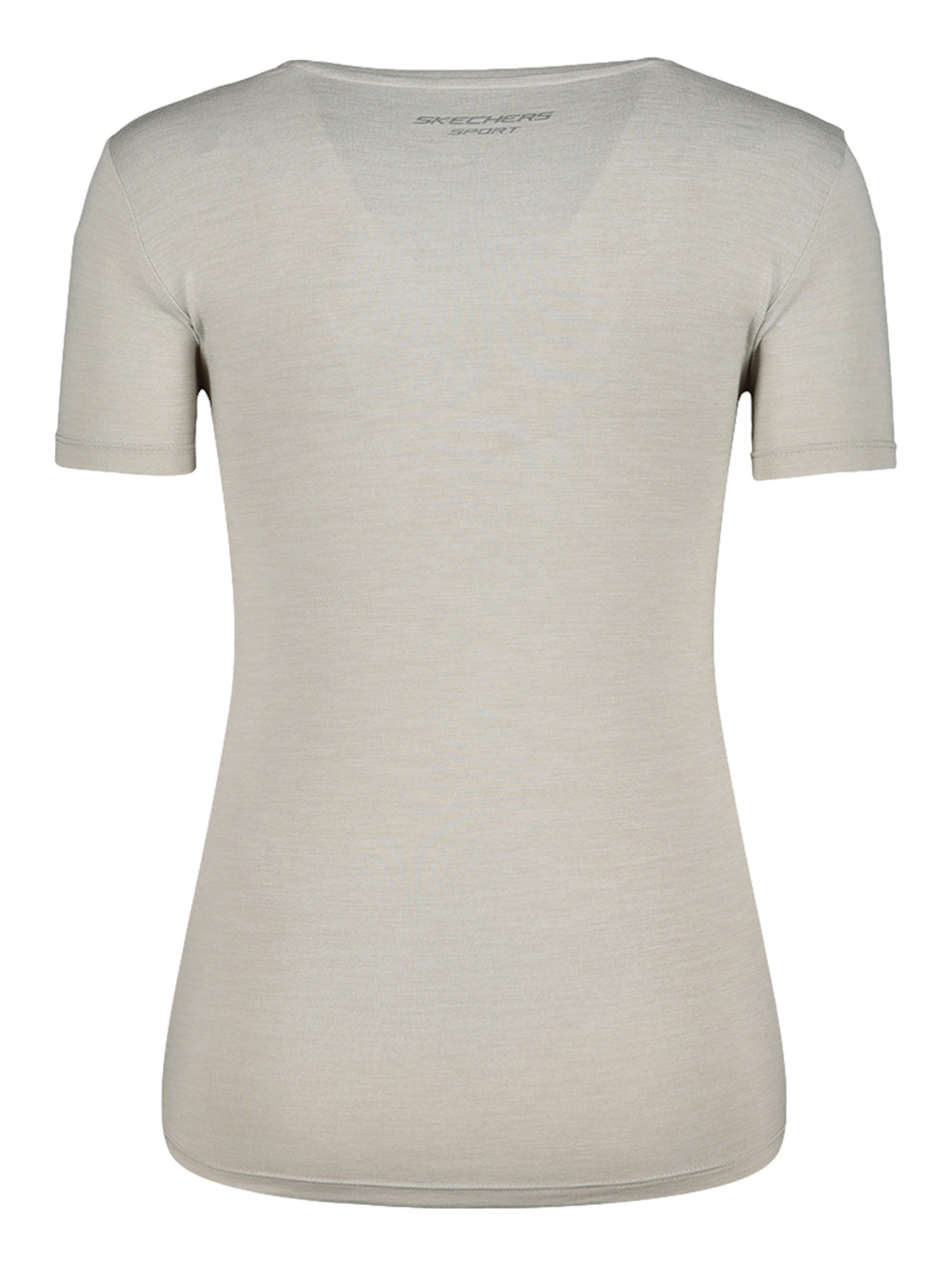 Playera deportiva Skechers de color gris claro, manga corta y corte ajustado.