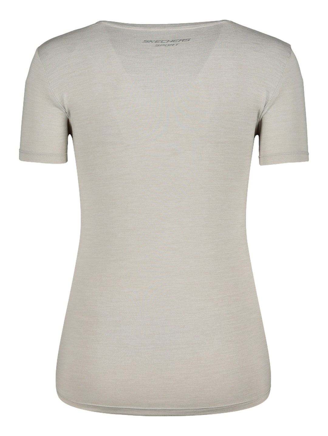 Playera deportiva Skechers de color gris claro, manga corta y corte ajustado.