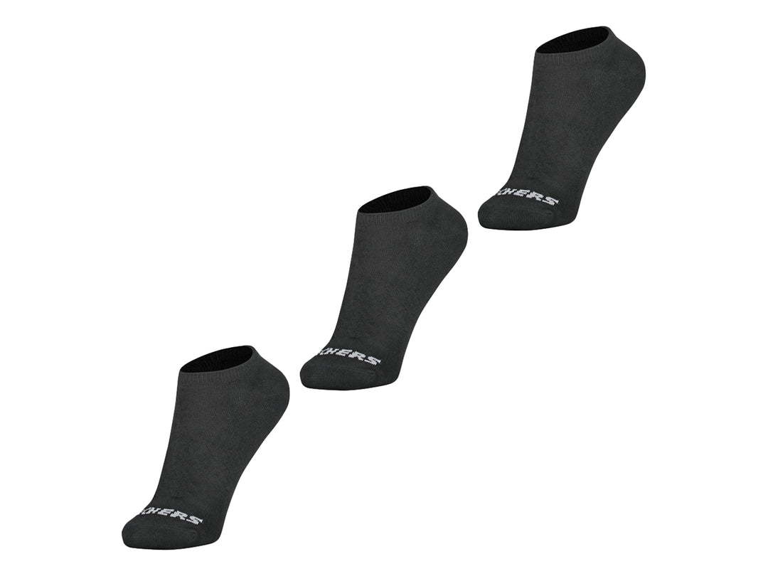 Set de tres calcetines cortos color negro con logotipo blanco de Skechers en la punta.