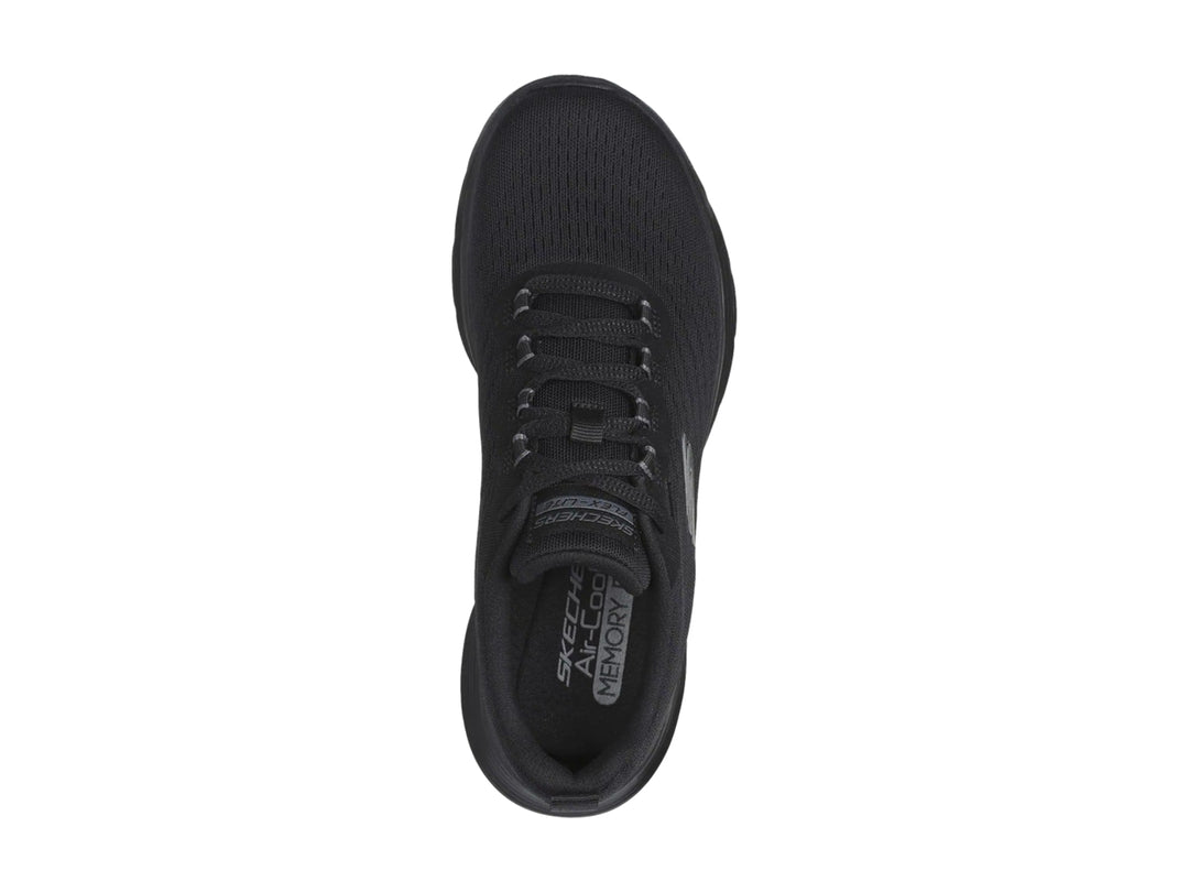 Tenis deportivos Skechers Flex Appeal 5.0 en color negro con tejido de malla y suela flexible.