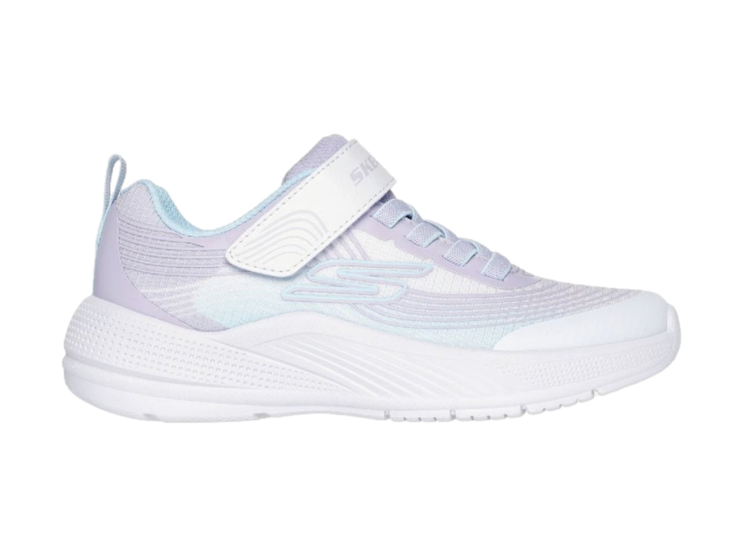 Tenis deportivos Skechers para niña en color blanco con detalles en lila y cierre de correa con velcro.