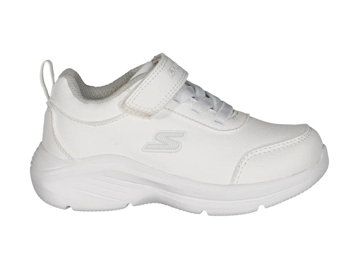 Tenis deportivos Skechers color blanco para niño o niña con cierre de velcro y agujetas.