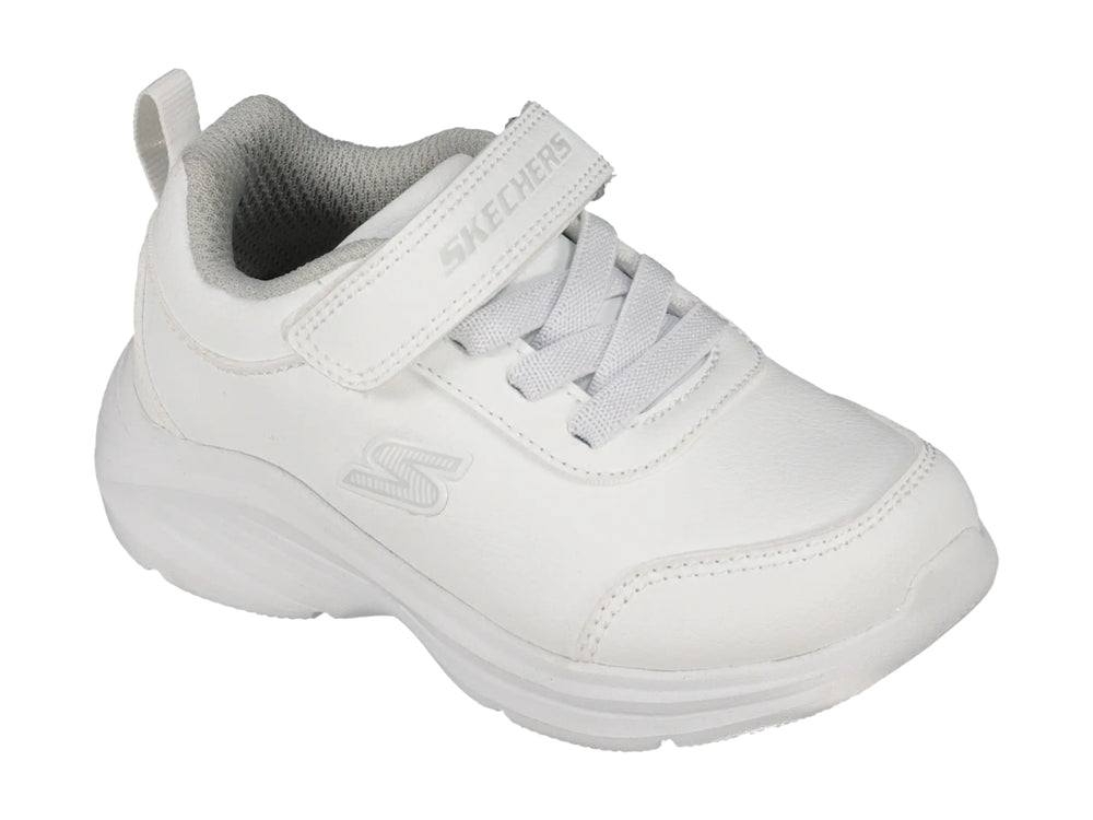 Tenis deportivos Skechers color blanco para niño o niña con cierre de velcro y agujetas.