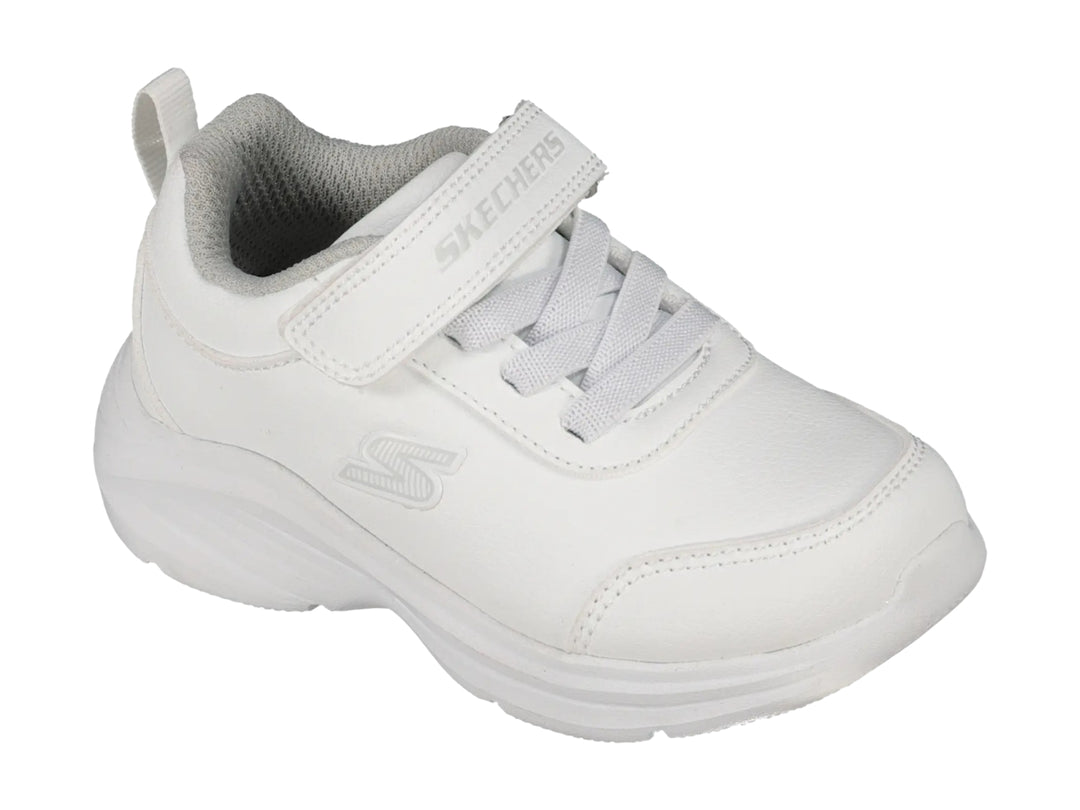Tenis deportivos Skechers color blanco para niño o niña con cierre de velcro y agujetas.