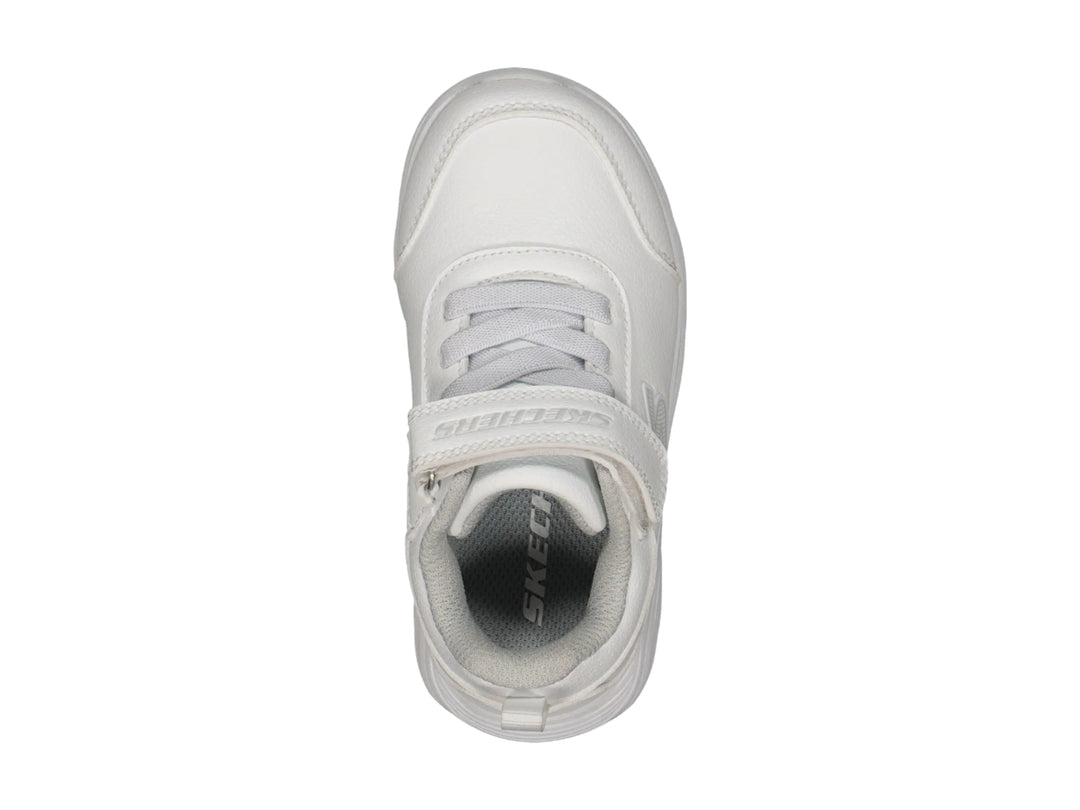 Tenis deportivos Skechers color blanco para niño o niña con cierre de velcro y agujetas.