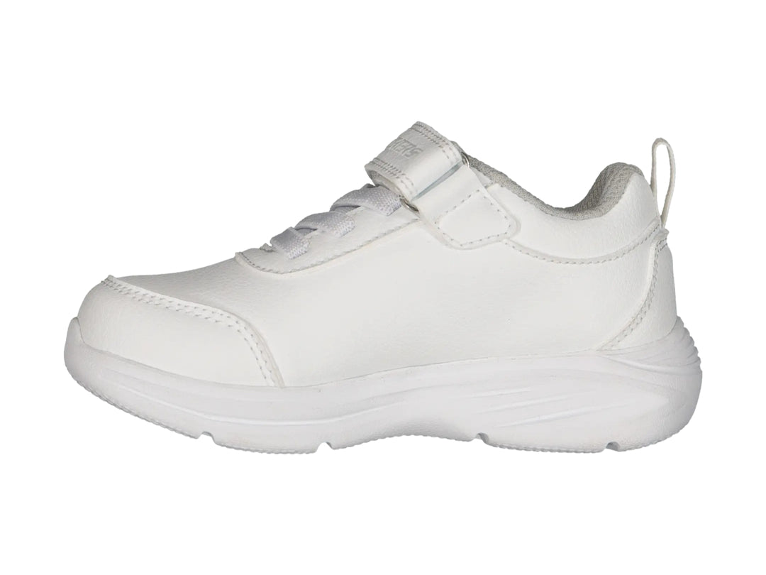 Tenis deportivos Skechers color blanco para niño o niña con cierre de velcro y agujetas.