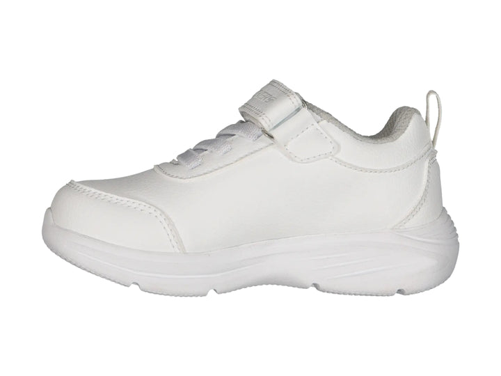 Tenis deportivos Skechers color blanco para niño o niña con cierre de velcro y agujetas.
