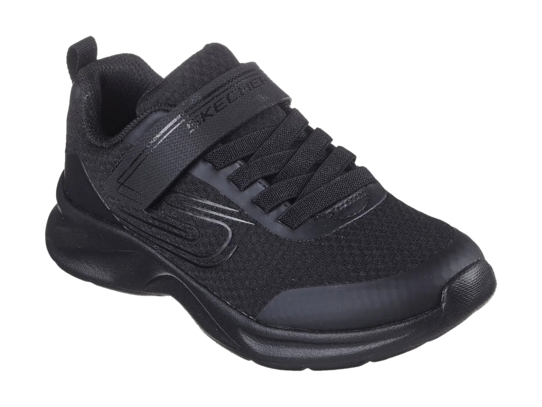 Tenis deportivos Skechers color negro con cierre de velcro y suela gruesa.