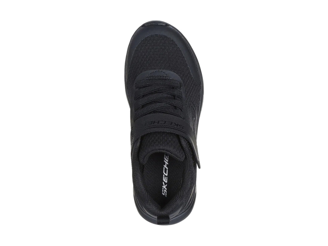 Tenis deportivos Skechers color negro con cierre de velcro y suela gruesa.