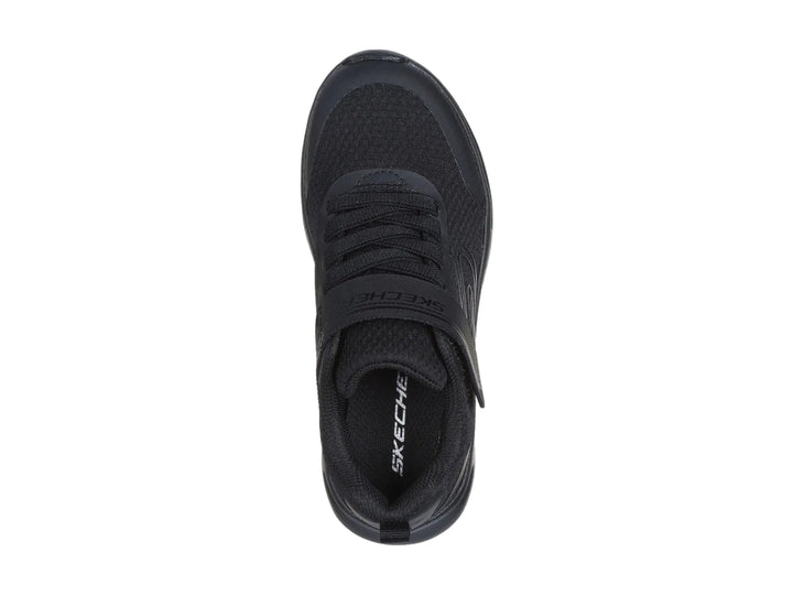 Tenis deportivos Skechers color negro con cierre de velcro y suela gruesa.