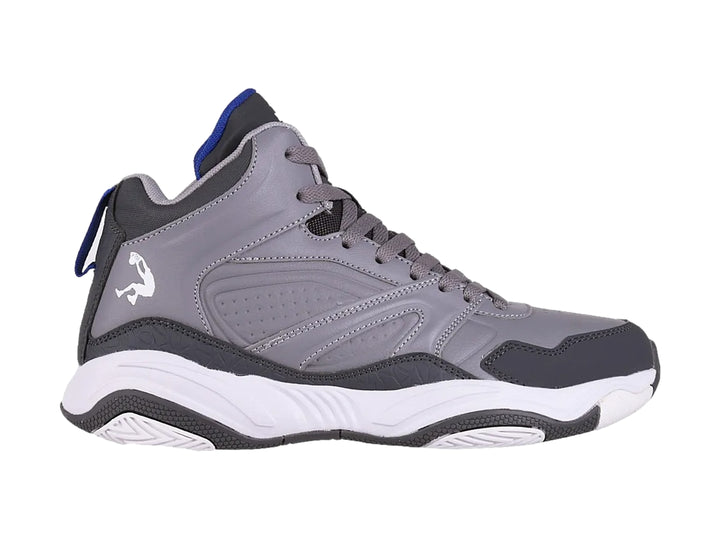Tenis de baloncesto SHAQ en color gris con suela blanca y detalles en azul, diseño de caña alta.