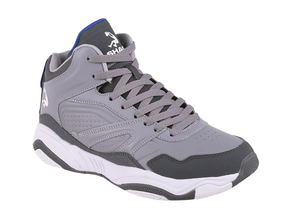 Tenis de baloncesto SHAQ en color gris con suela blanca y detalles en azul, diseño de caña alta.