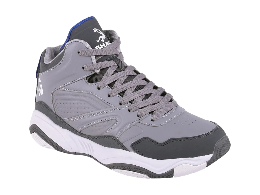 Tenis de baloncesto SHAQ en color gris con suela blanca y detalles en azul, diseño de caña alta.