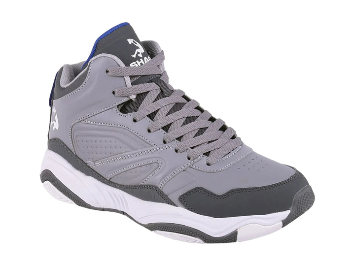 Tenis de baloncesto SHAQ en color gris con suela blanca y detalles en azul, diseño de caña alta.