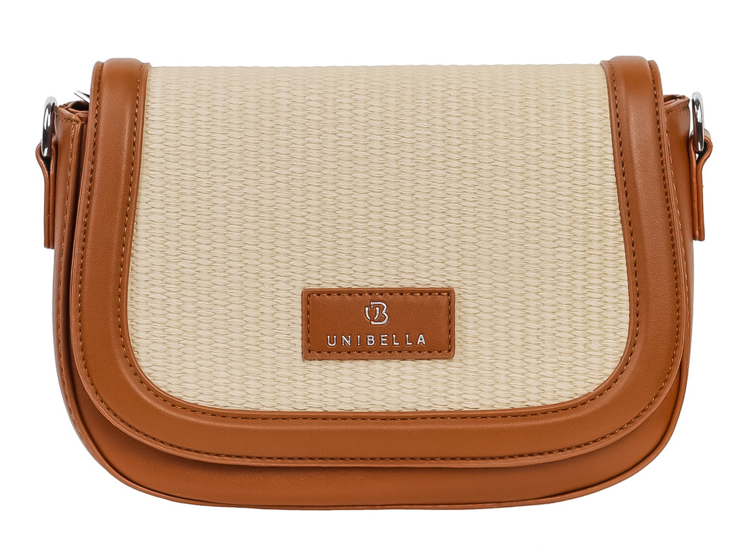 Bolso de hombro Unibella en color beige y café con textura tejida y detalles sintéticos.