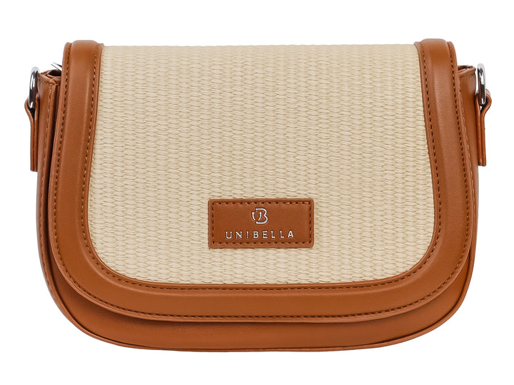 Bolso de hombro Unibella en color beige y café con textura tejida y detalles sintéticos.