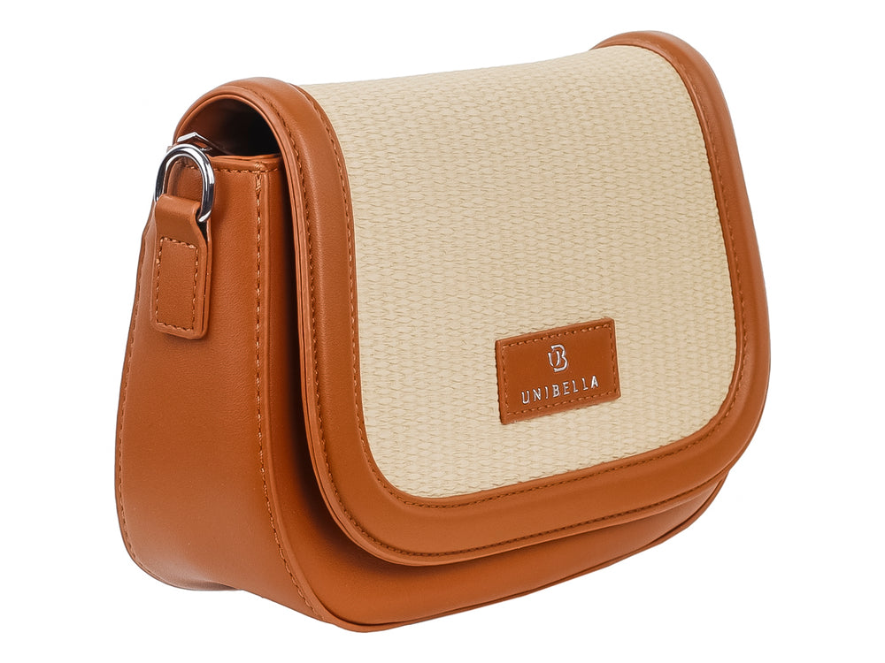 Bolso de hombro Unibella en color beige y café con textura tejida y detalles sintéticos.