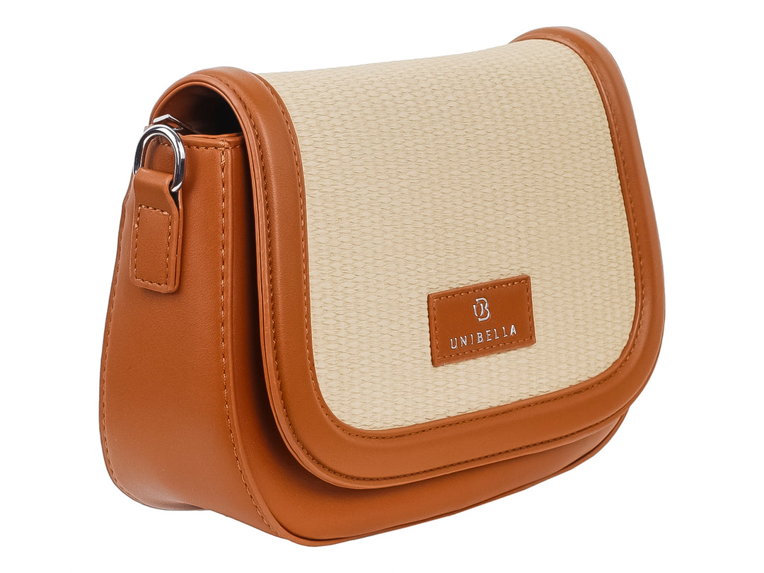Bolso de hombro Unibella en color beige y café con textura tejida y detalles sintéticos.