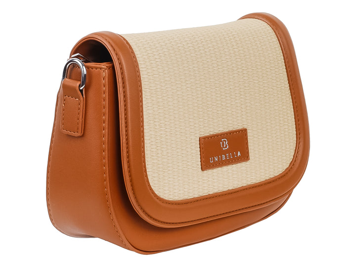 Bolso de hombro Unibella en color beige y café con textura tejida y detalles sintéticos.
