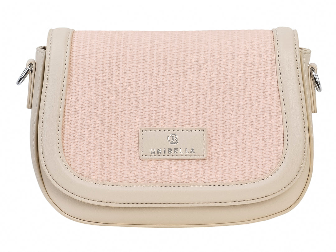 Bolso de hombro Unibella en color rosa con panel frontal texturizado y bordes lisos.
