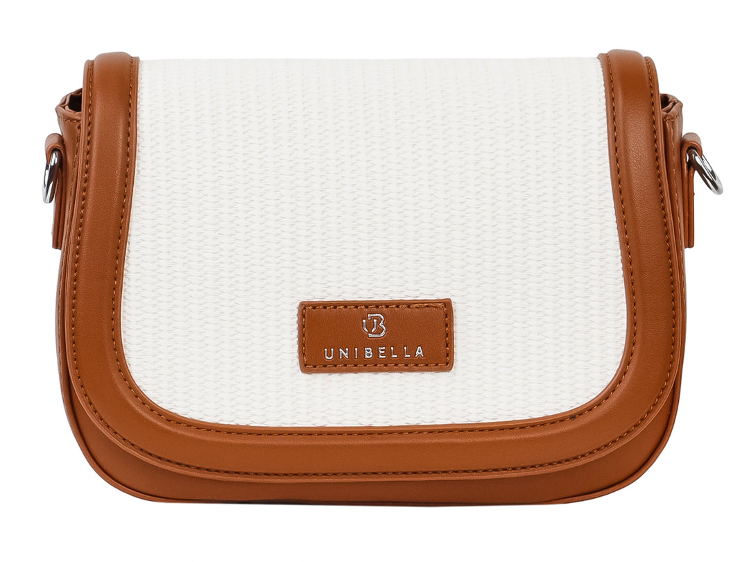 Bolso Unibella blanco con bordes cafés y textura rugosa en la parte frontal.