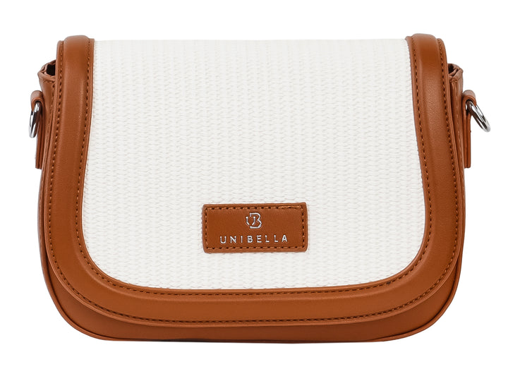 Bolso Unibella blanco con bordes cafés y textura rugosa en la parte frontal.