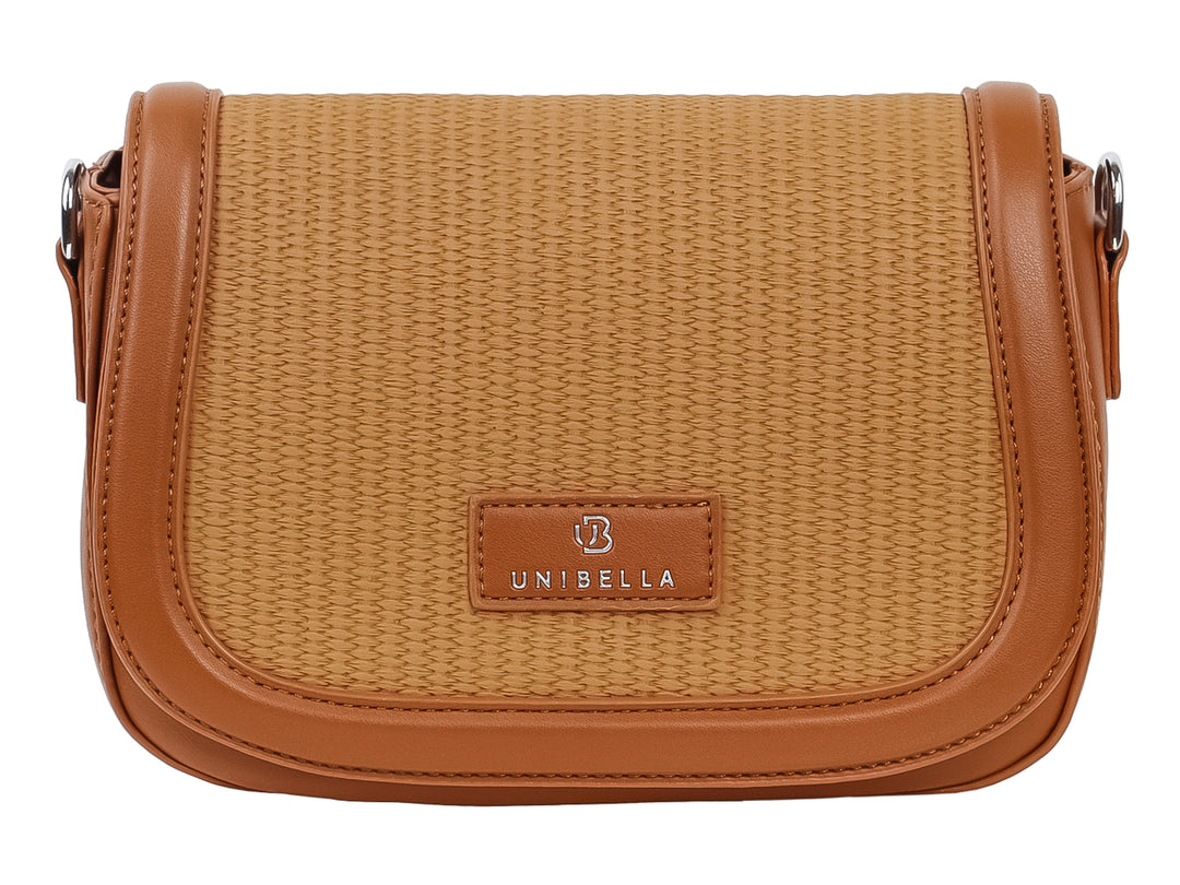 Bolso de hombro Unibella en color marrón con cuerpo de textura tejida y bordes de material sintético.