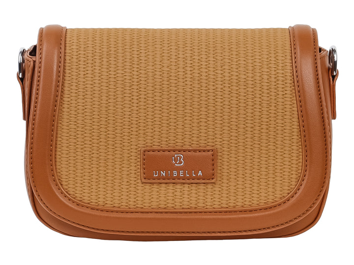 Bolso de hombro Unibella en color marrón con cuerpo de textura tejida y bordes de material sintético.