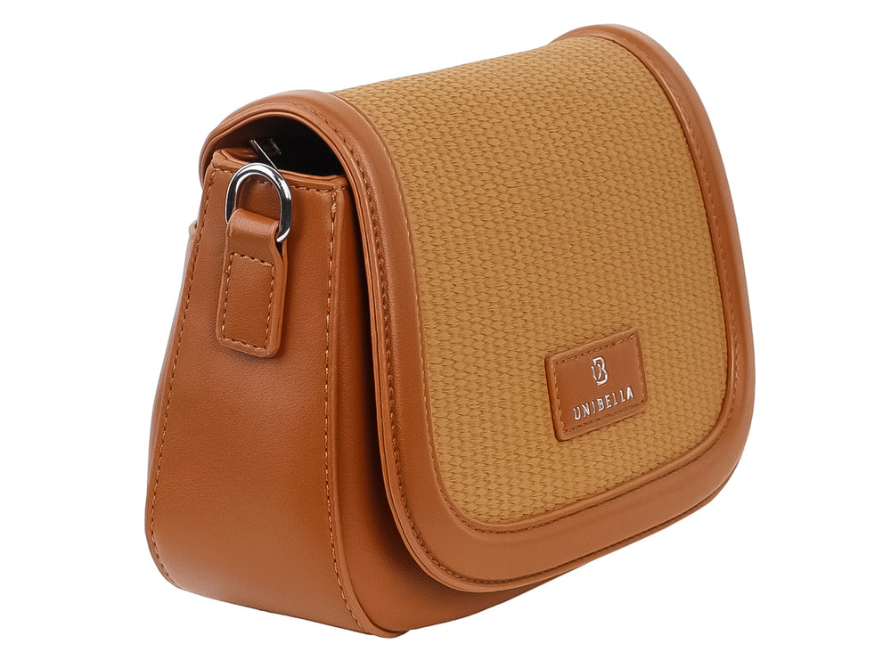 Bolso de hombro Unibella en color marrón con cuerpo de textura tejida y bordes de material sintético.