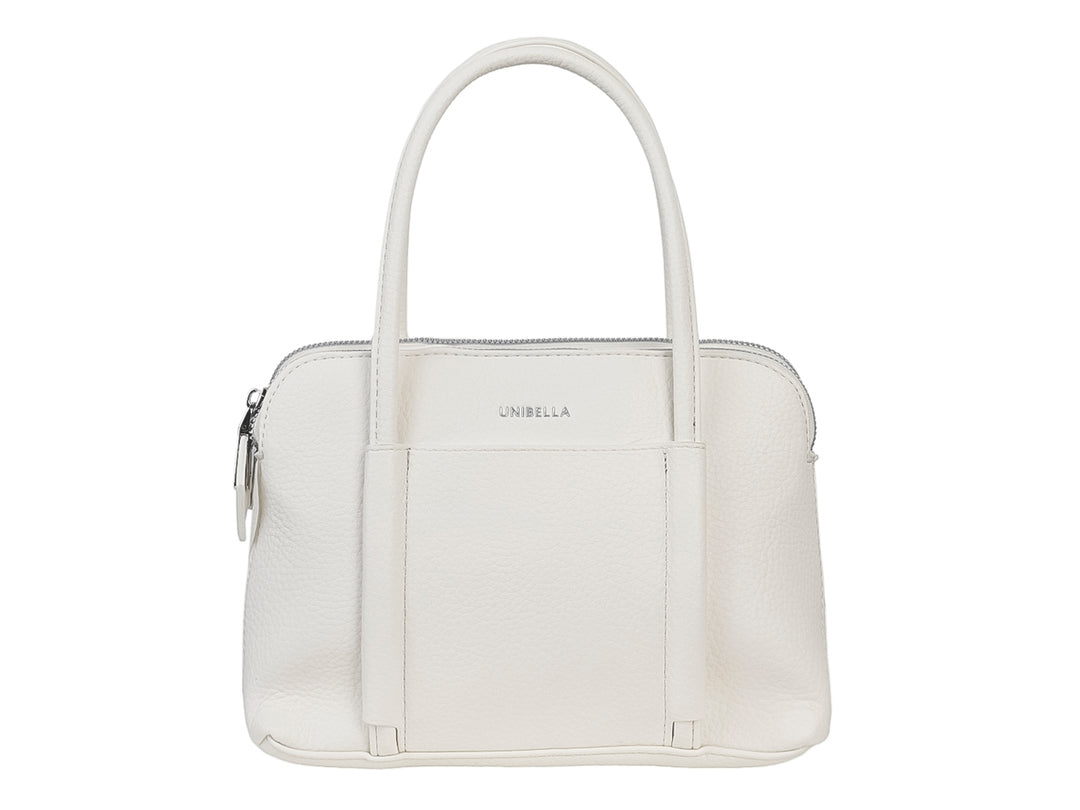 Bolso de mano color blanco marca Unibella con asas cortas y cierre superior.