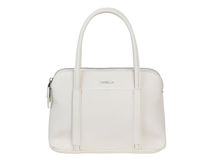 Bolso de mano color blanco marca Unibella con asas cortas y cierre superior.