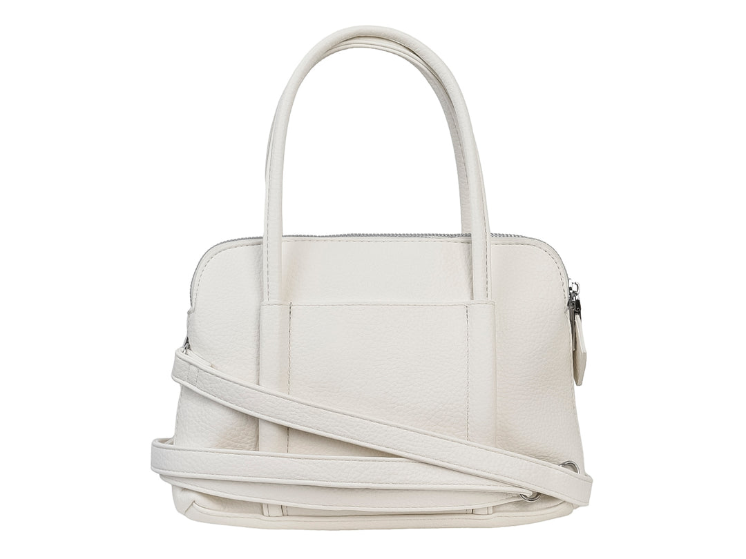 Bolso de mano color blanco marca Unibella con asas cortas y cierre superior.