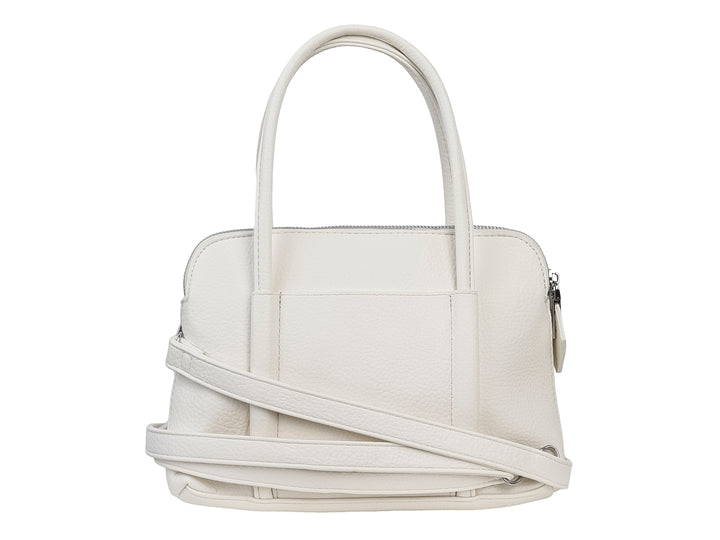 Bolso de mano color blanco marca Unibella con asas cortas y cierre superior.