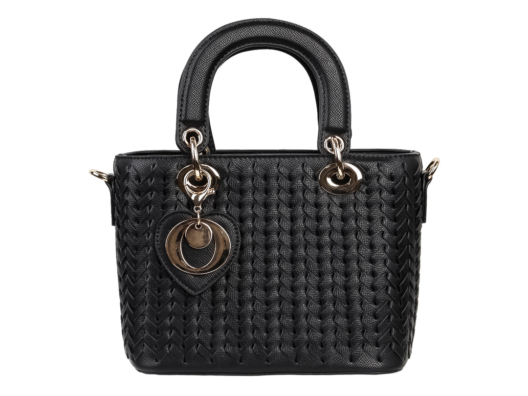 Bolso de mano negro con textura tejida, asas cortas y detalles metálicos dorados en forma de corazón.